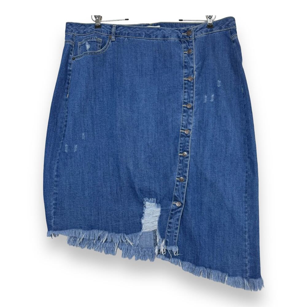 Asymmetrical Button Front Denim Midaxi Skirt 22W Distressed Frayed Hem NWT